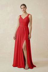 A - Line Pleated Chiffon Long Bridesmaid Dress in Ruby Red - KISS BRIDAL Bridesmaid Dresses