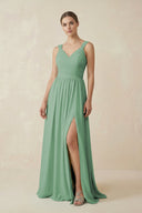 A - Line Pleated Chiffon Long Bridesmaid Dress in Sea Glass - SHE IS ME Bridesmaid Dresses