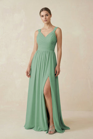A - Line Pleated Chiffon Long Bridesmaid Dress in Sea Glass - SHE IS ME Bridesmaid Dresses