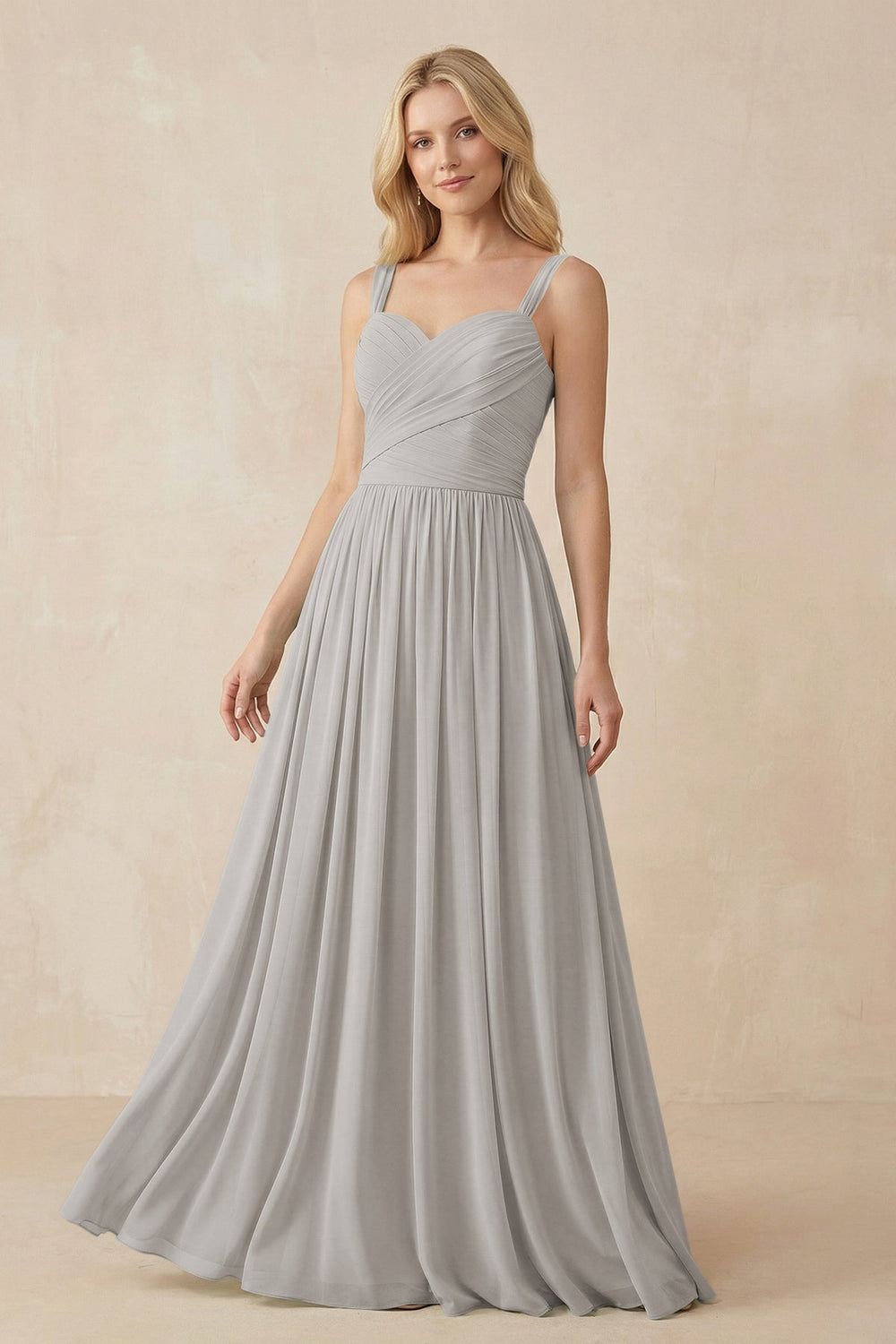 A - Line Pleated Chiffon Long Bridesmaid Dress in Silver - SHE IS ME Bridesmaid Dresses