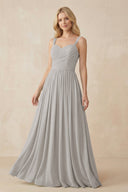 A - Line Pleated Chiffon Long Bridesmaid Dress in Silver - SHE IS ME Bridesmaid Dresses