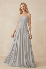 A - Line Pleated Chiffon Long Bridesmaid Dress in Silver - KISS BRIDAL Bridesmaid Dresses