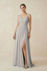 A - Line Pleated Chiffon Long Bridesmaid Dress in Silver - KISS BRIDAL Bridesmaid Dresses