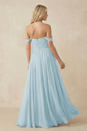 A - Line Pleated Chiffon Long Bridesmaid Dress in Sky Blue - SHE IS ME Bridesmaid Dresses