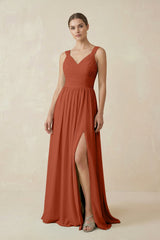 A - Line Pleated Chiffon Long Bridesmaid Dress in Spice - KISS BRIDAL Bridesmaid Dresses