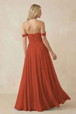 A - Line Pleated Chiffon Long Bridesmaid Dress in Spice - SHE IS ME Bridesmaid Dresses