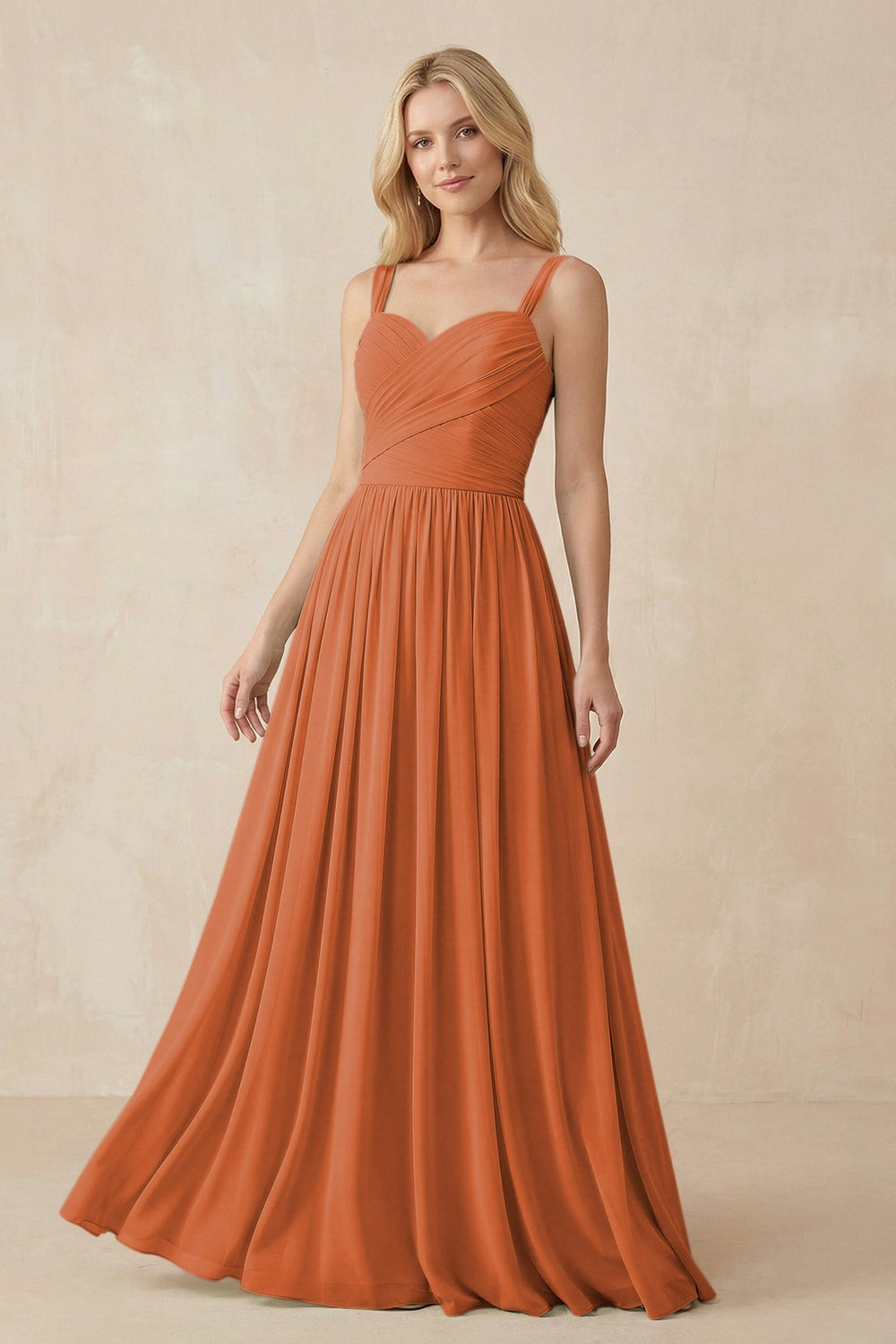 A - Line Pleated Chiffon Long Bridesmaid Dress in Terracotta - SHE IS ME Bridesmaid Dresses