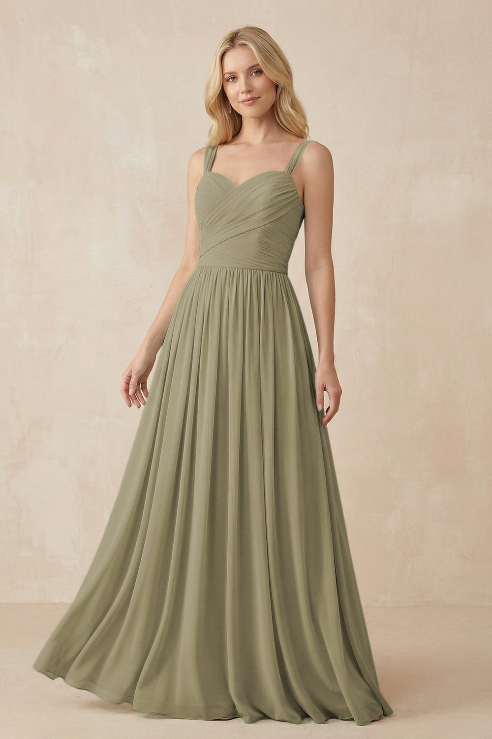 A - Line Pleated Chiffon Long Bridesmaid Dress in Thyme - SHE IS ME Bridesmaid Dresses