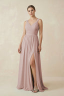 A - Line Pleated Chiffon Long Bridesmaid Dress in Toffee - SHE IS ME Bridesmaid Dresses
