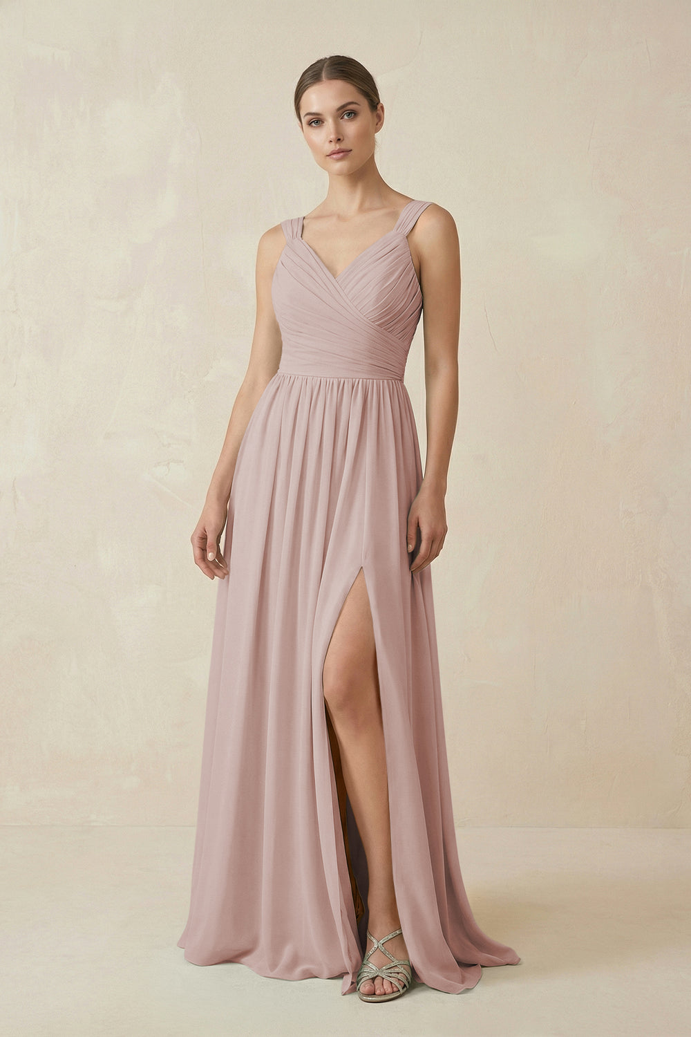 A-Line Pleated Chiffon Long Bridesmaid Dress in Toffee