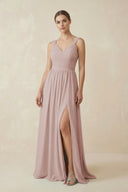 A-Line Pleated Chiffon Long Bridesmaid Dress in Toffee | KISSBRIDAL