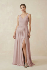 A-Line Pleated Chiffon Long Bridesmaid Dress in Toffee | KISSBRIDAL