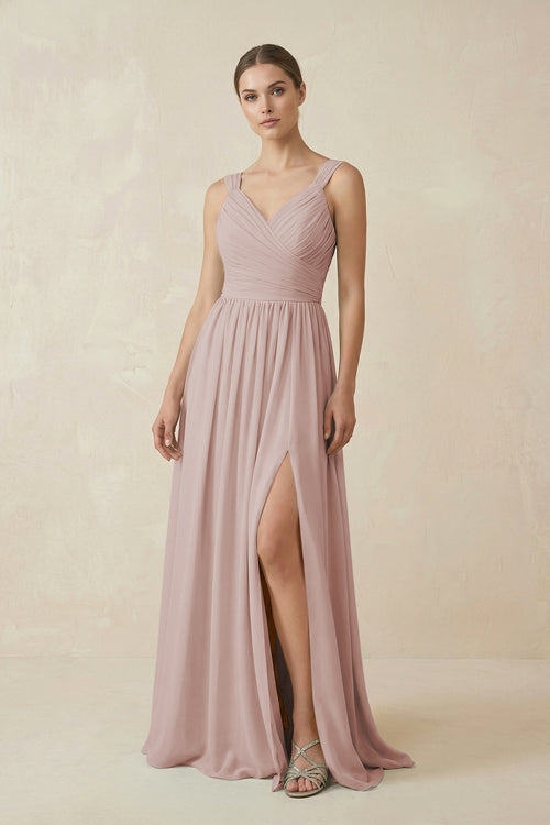 A-Line Pleated Chiffon Long Bridesmaid Dress in Toffee | KISSBRIDAL