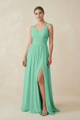 A - Line Pleated Chiffon Long Bridesmaid Dress in Turquoise - KISS BRIDAL Bridesmaid Dresses