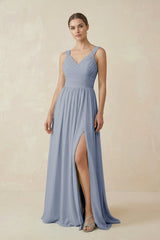 A - Line Pleated Chiffon Long Bridesmaid Dress in Twilight - KISS BRIDAL Bridesmaid Dresses
