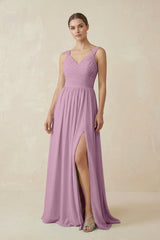 A - Line Pleated Chiffon Long Bridesmaid Dress in Wisteria - KISS BRIDAL Bridesmaid Dresses