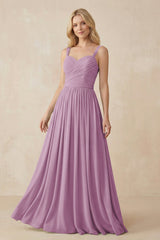 A - Line Pleated Chiffon Long Bridesmaid Dress in Wisteria - KISS BRIDAL Bridesmaid Dresses