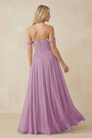 A - Line Pleated Chiffon Long Bridesmaid Dress in Wisteria - SHE IS ME Bridesmaid Dresses