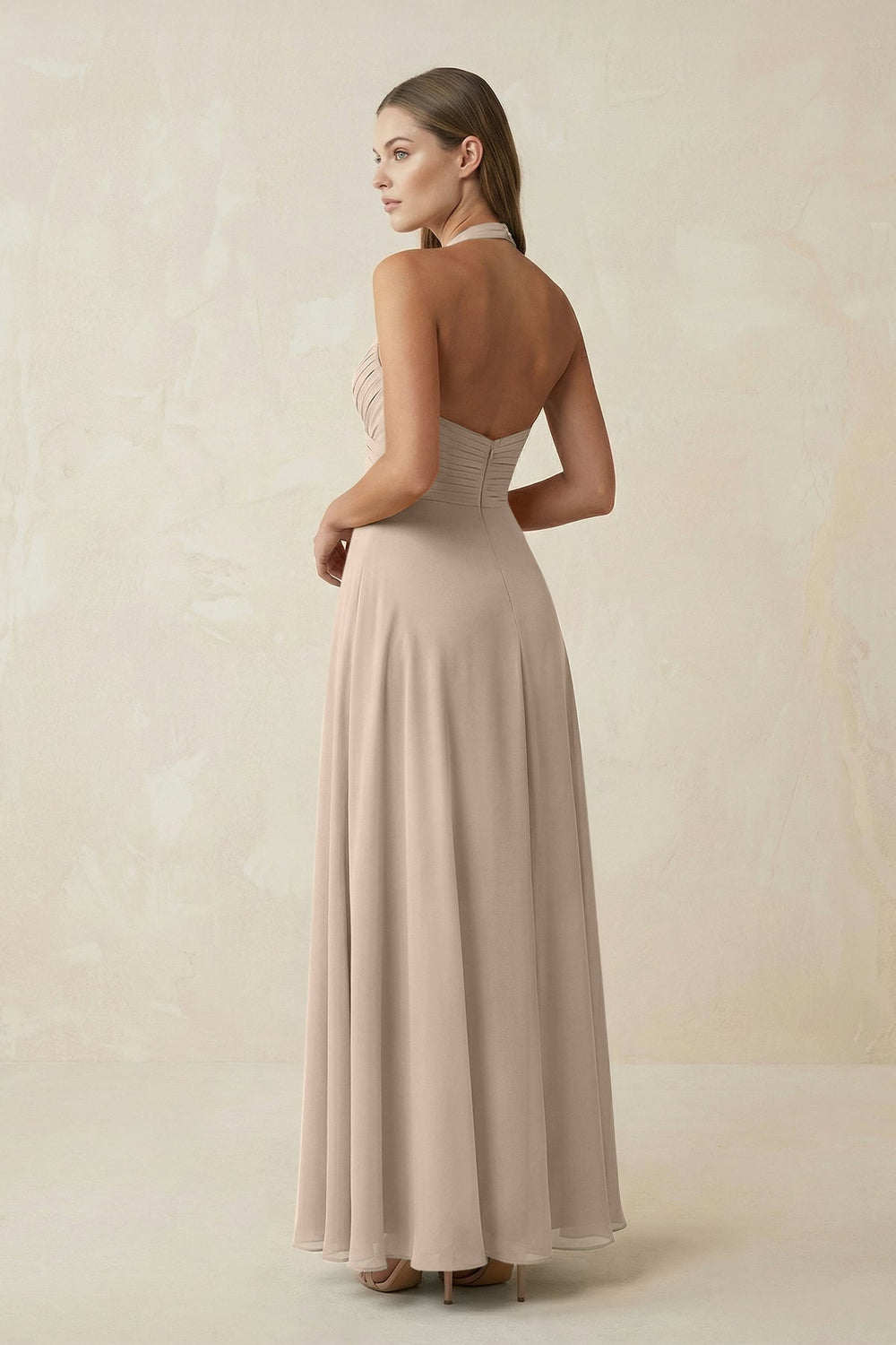 A-Line Pleated Chiffon V-Neck Bridesmaid Dress in Almond - SHE IS ME BRIDESMAID DRESSES