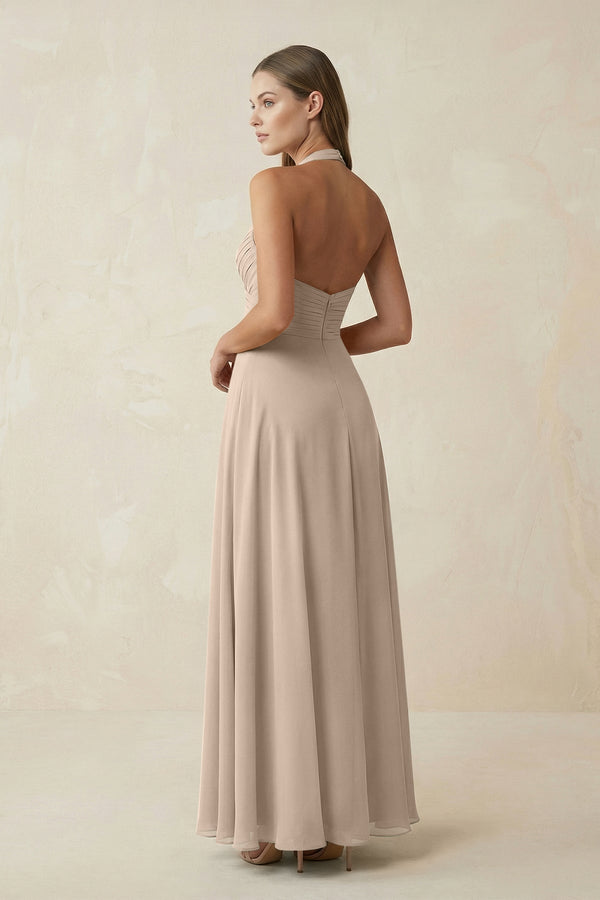 A-Line Pleated Chiffon V-Neck Bridesmaid Dress in Almond - SHE IS ME BRIDESMAID DRESSES