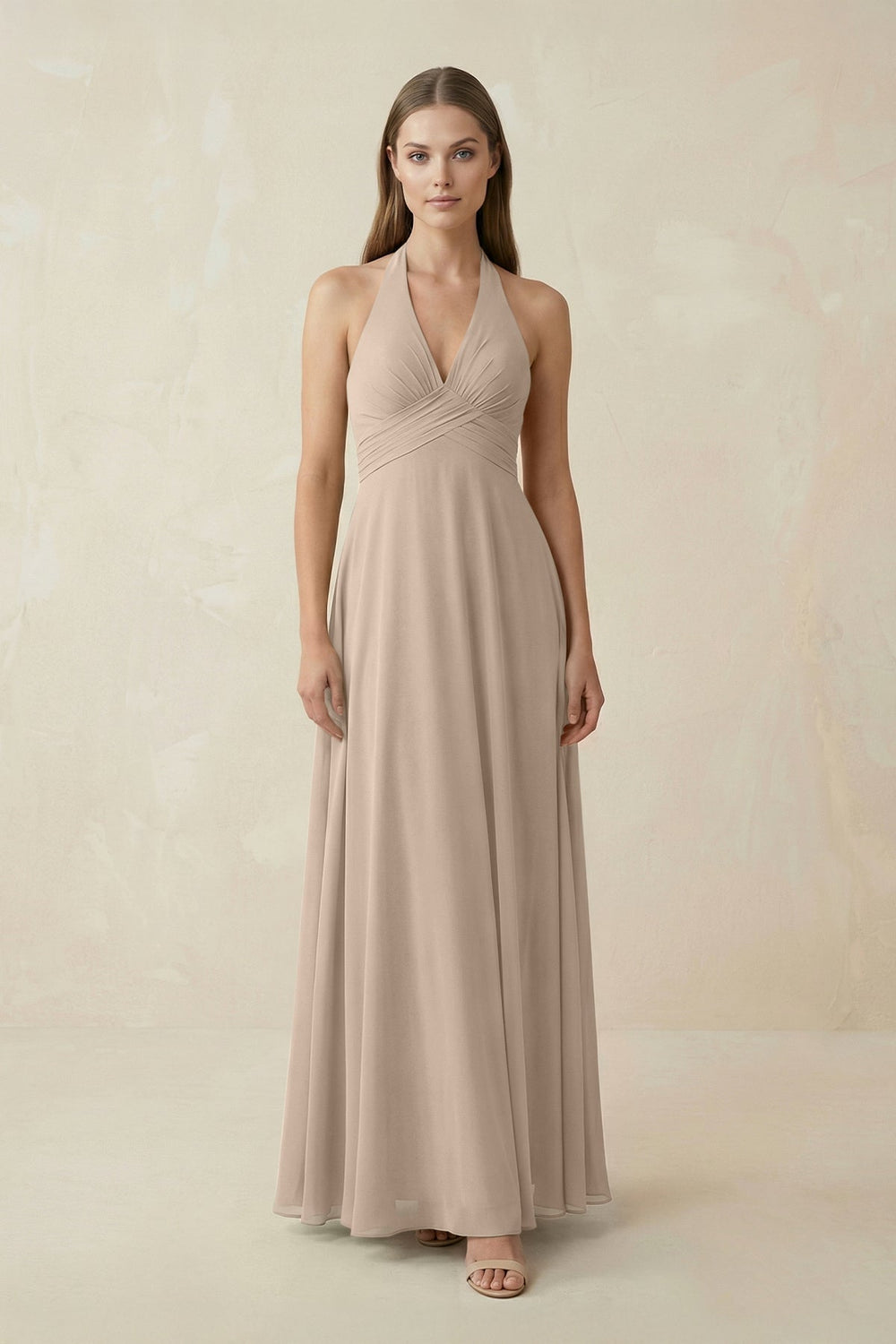 A-Line Pleated Chiffon V-Neck Bridesmaid Dress in Almond - SHE IS ME BRIDESMAID DRESSES