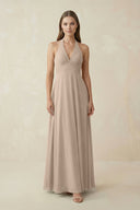 A-Line Pleated Chiffon V-Neck Bridesmaid Dress in Almond - SHE IS ME BRIDESMAID DRESSES