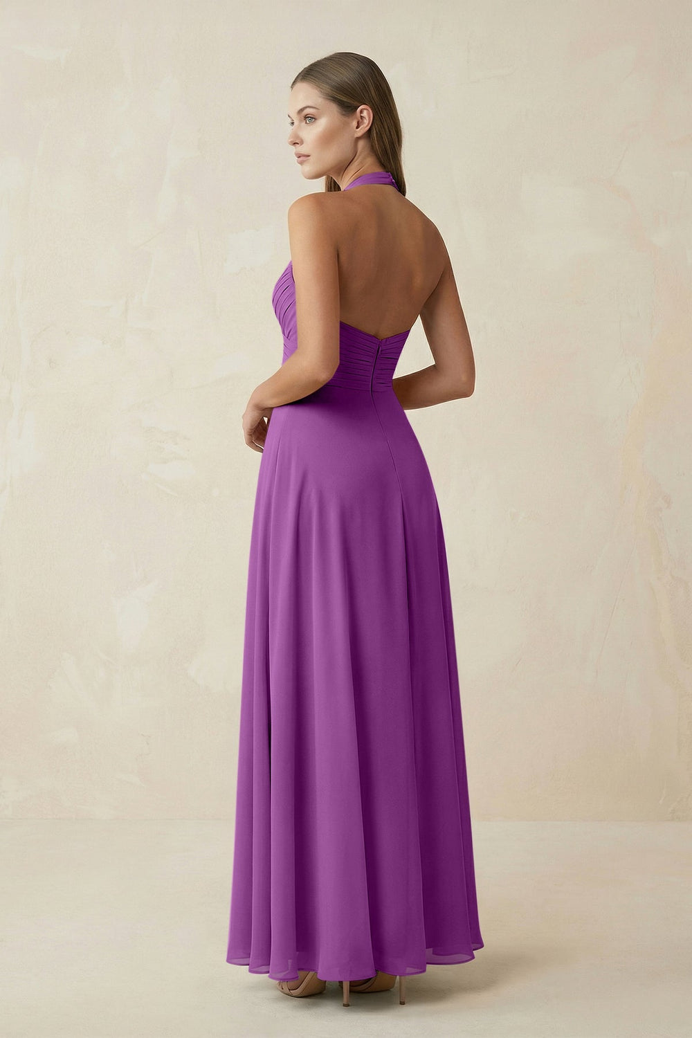 A-Line Pleated Chiffon V-Neck Bridesmaid Dress in Amethyst - KISS BRIDAL BRIDESMAID DRESSES