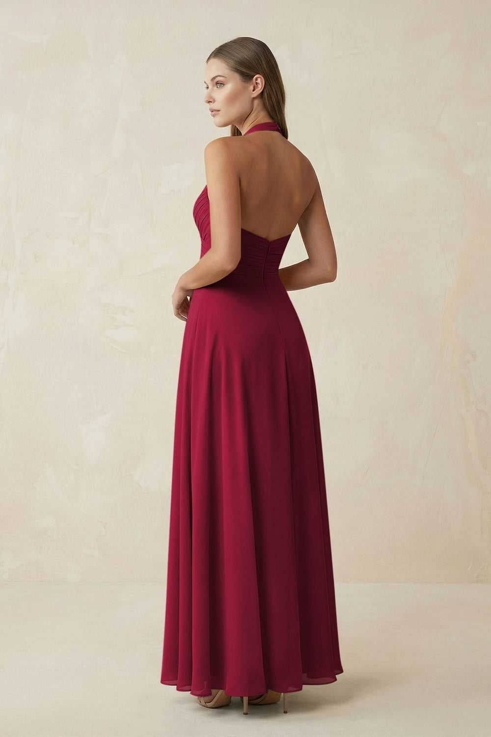 A-Line Pleated Chiffon V-Neck Bridesmaid Dress in Berry - SHE IS ME BRIDESMAID DRESSES