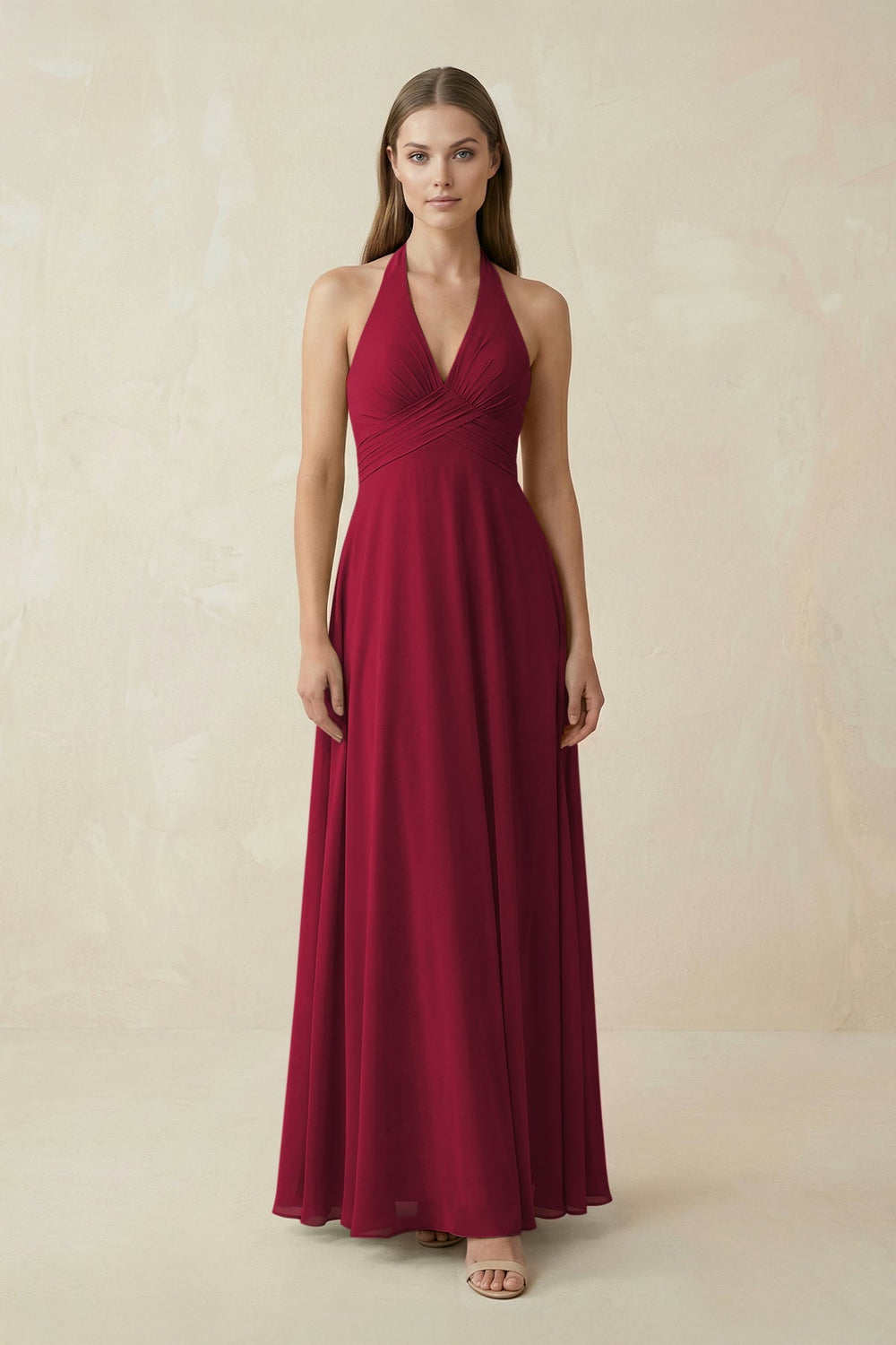 A-Line Pleated Chiffon V-Neck Bridesmaid Dress in Berry - SHE IS ME BRIDESMAID DRESSES