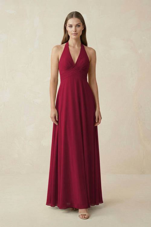 A-Line Pleated Chiffon V-Neck Bridesmaid Dress in Berry - SHE IS ME BRIDESMAID DRESSES