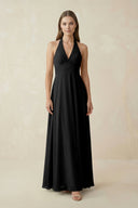 A-Line Pleated Chiffon V-Neck Bridesmaid Dress in Black - SHE IS ME BRIDESMAID DRESSES