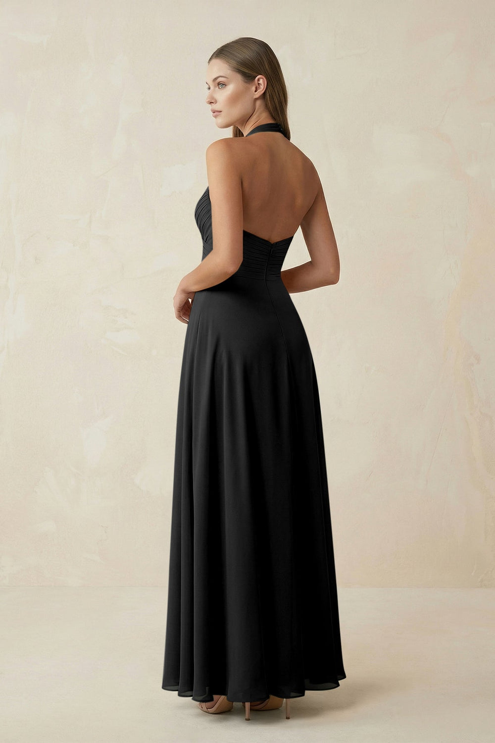 A-Line Pleated Chiffon V-Neck Bridesmaid Dress in Black - KISS BRIDAL BRIDESMAID DRESSES