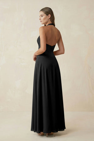 A-Line Pleated Chiffon V-Neck Bridesmaid Dress in Black - SHE IS ME BRIDESMAID DRESSES