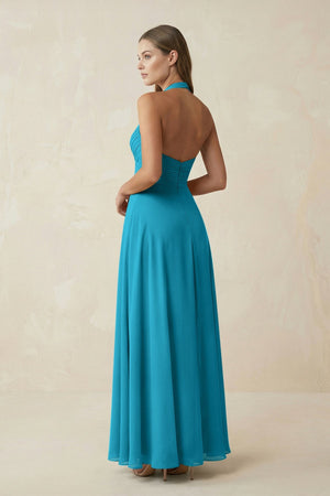 A-Line Pleated Chiffon V-Neck Bridesmaid Dress in Blue Jay - SHE IS ME BRIDESMAID DRESSES