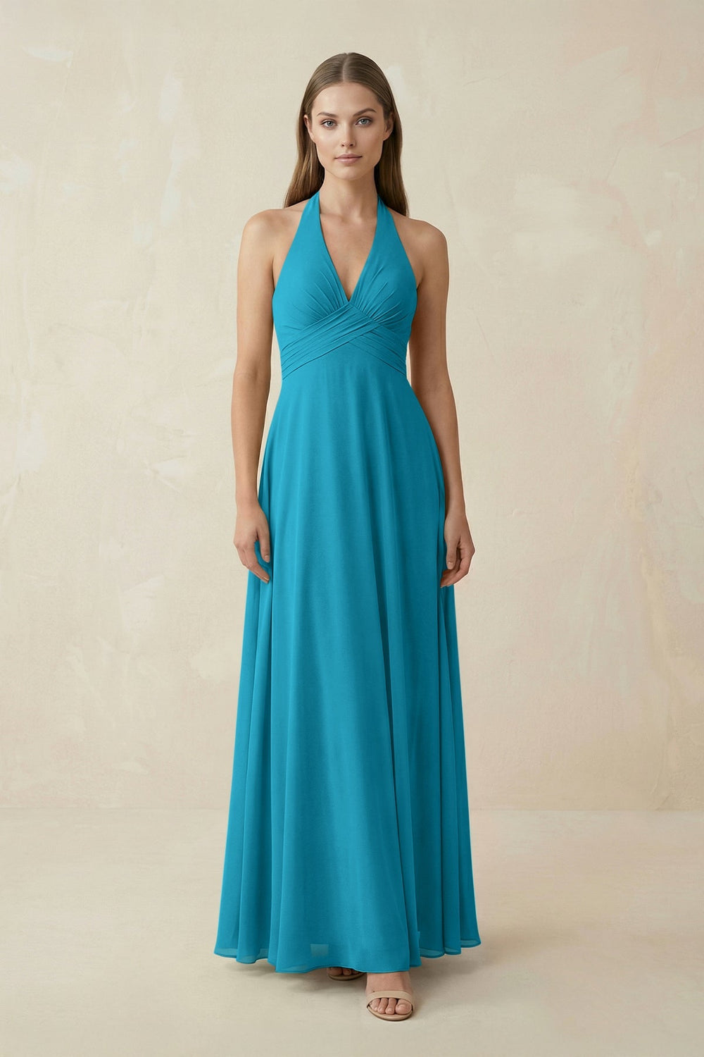 A-Line Pleated Chiffon V-Neck Bridesmaid Dress in Blue Jay - SHE IS ME BRIDESMAID DRESSES