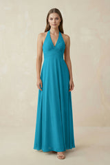 A-Line Pleated Chiffon V-Neck Bridesmaid Dress in Blue Jay - KISS BRIDAL BRIDESMAID DRESSES