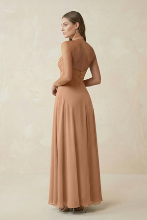 A-Line Pleated Chiffon V-Neck Bridesmaid Dress in Bronzer - SHE IS ME BRIDESMAID DRESSES