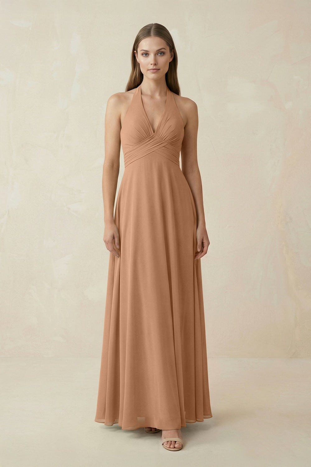 A-Line Pleated Chiffon V-Neck Bridesmaid Dress in Bronzer - KISS BRIDAL BRIDESMAID DRESSES