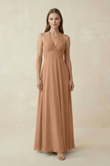 A-Line Pleated Chiffon V-Neck Bridesmaid Dress in Bronzer - KISS BRIDAL BRIDESMAID DRESSES