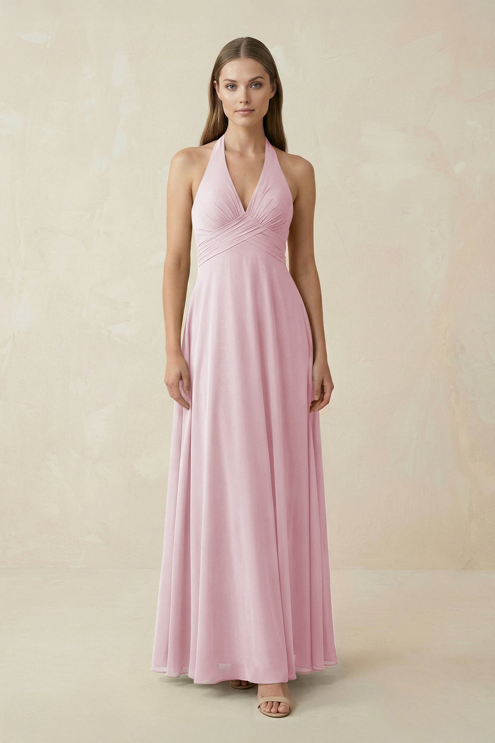 A-Line Pleated Chiffon V-Neck Bridesmaid Dress in Candy Pink - SHE IS ME BRIDESMAID DRESSES