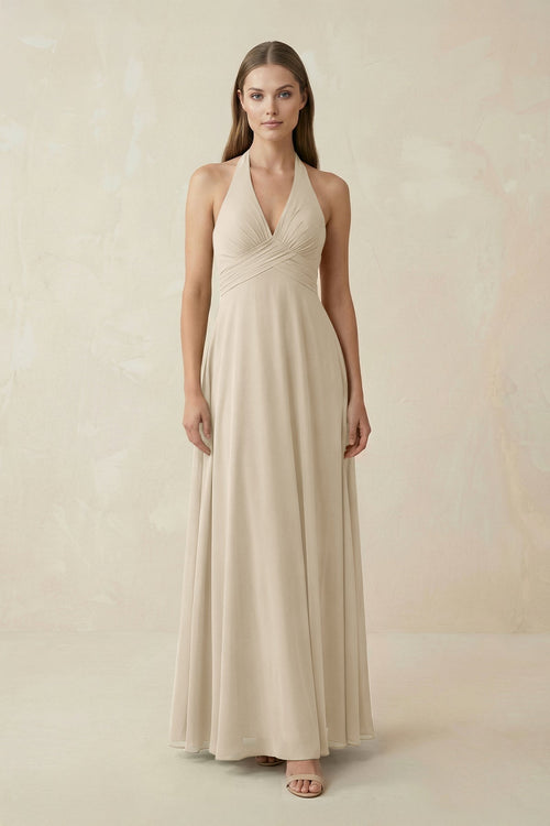 A-Line Pleated Chiffon V-Neck Bridesmaid Dress in Champagne - SHE IS ME BRIDESMAID DRESSES