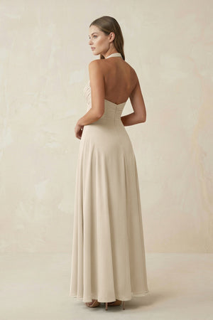 A-Line Pleated Chiffon V-Neck Bridesmaid Dress in Champagne - SHE IS ME BRIDESMAID DRESSES