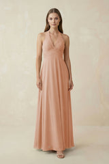 A-Line Pleated Chiffon V-Neck Bridesmaid Dress in Champagne Rose - KISS BRIDAL BRIDESMAID DRESSES