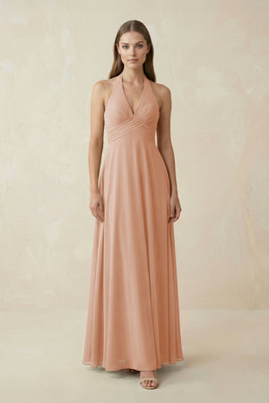 A-Line Pleated Chiffon V-Neck Bridesmaid Dress in Champagne Rose - SHE IS ME BRIDESMAID DRESSES