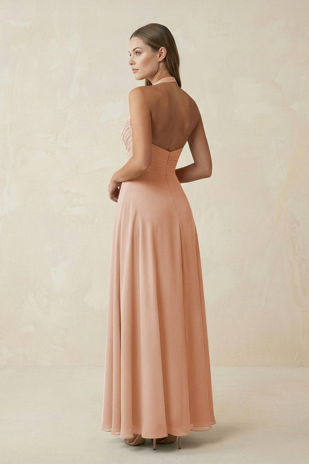 A-Line Pleated Chiffon V-Neck Bridesmaid Dress in Champagne Rose - SHE IS ME BRIDESMAID DRESSES