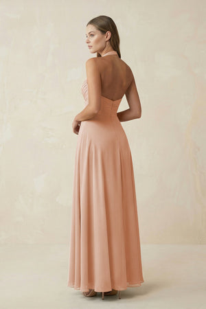 A-Line Pleated Chiffon V-Neck Bridesmaid Dress in Champagne Rose - SHE IS ME BRIDESMAID DRESSES