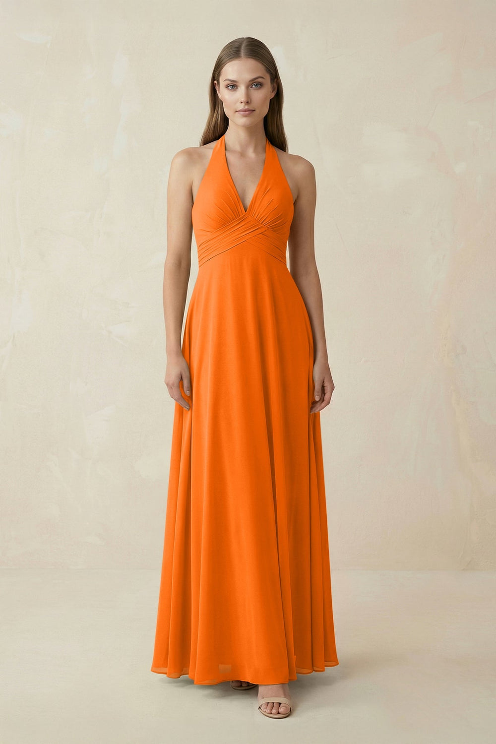 A-Line Pleated Chiffon V-Neck Bridesmaid Dress in Cinnamon - SHE IS ME BRIDESMAID DRESSES