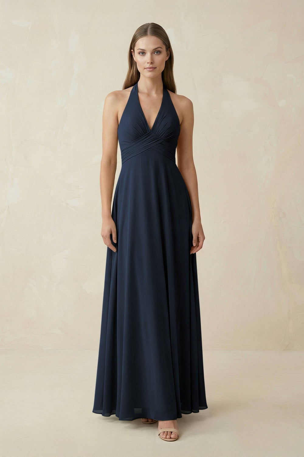 A-Line Pleated Chiffon V-Neck Bridesmaid Dress in Dark Navy - SHE IS ME BRIDESMAID DRESSES