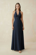 A-Line Pleated Chiffon V-Neck Bridesmaid Dress in Dark Navy - SHE IS ME BRIDESMAID DRESSES