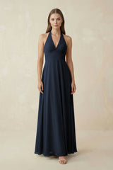 A-Line Pleated Chiffon V-Neck Bridesmaid Dress in Dark Navy - KISS BRIDAL BRIDESMAID DRESSES